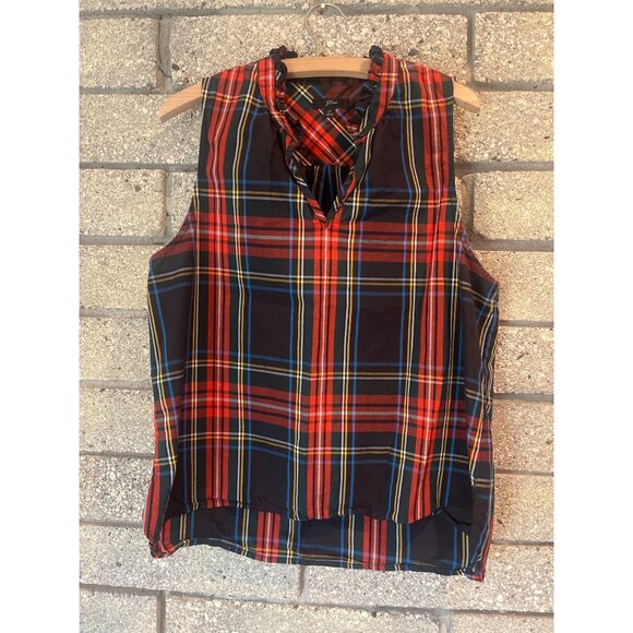 J.Crew Tops - J.Crew Plaid Sleeveless Ruffle Neck Blouse In Vibrant Multicolor Tartan Pattern